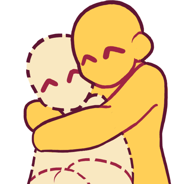 An emoji yellow figure hugging a second figure. the second figure is partly transparent. both figures have closed happy eyes.